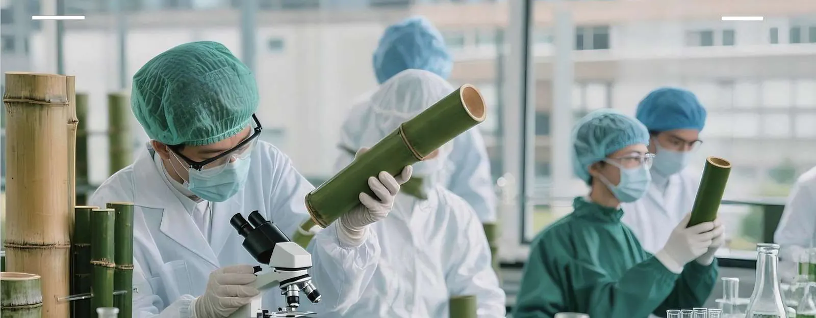 Researchers in a laboratory studying bamboo culms