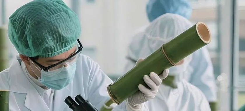 Researchers examining bamboo under a microscope